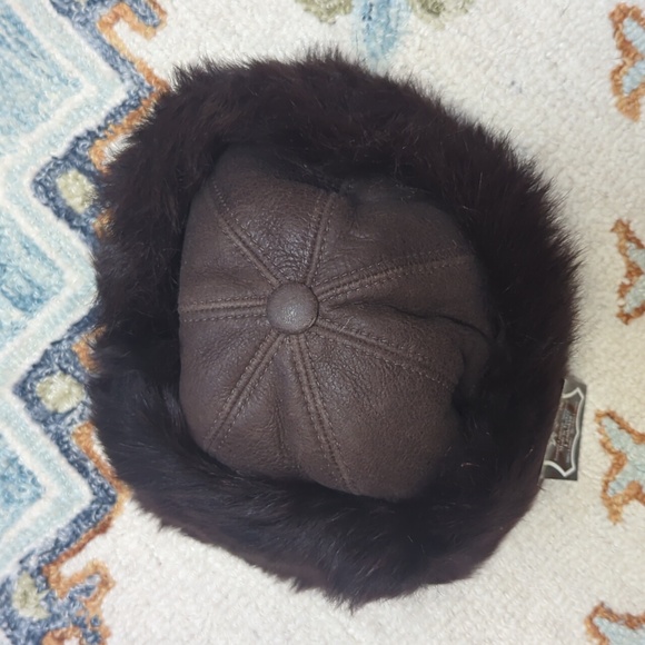 Brown Sheepskin Shearling Fur Winter Hat Leather Bucket Cossack - Picture 2 of 6